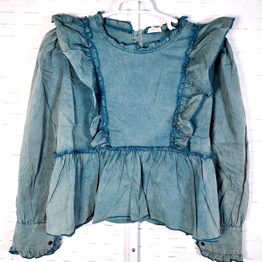 POL Teal Distress-Dyed Oversized Cotton Poplin Ruffle Peplum Top, SM Oversized